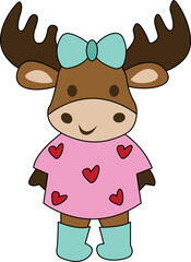 Cute cartoon moose wearing a pink heart-patterned sweater, blue bow, and matching boots, perfect for festive designs.
