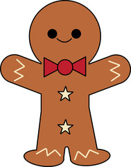 Fototapeta premium Charming gingerbread man illustration with a red bowtie and star buttons, perfect for festive and holiday-themed designs.