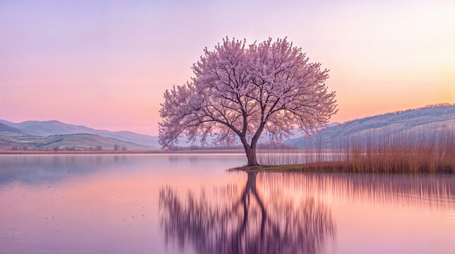 A cherry blossom tree standing alone on a quiet lake in the sunset, with a wide mountain in the background. - Powered by Adobe