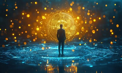 Confident business leader engaging with digital tech in modern space