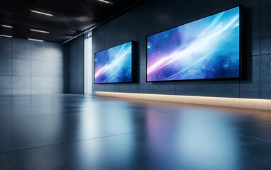 Fototapeta premium Modern creative video wall in light filled space with sleek design