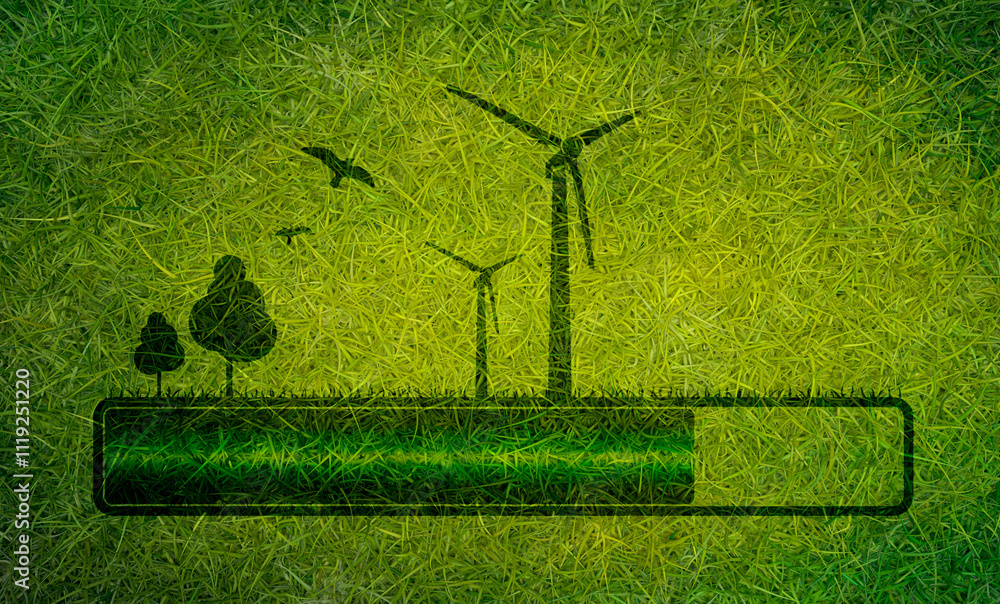 Poster progress or loading bar with trees and wind turbine. green fresh spring grass. ecology concept. natu
