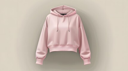 Pink cropped hoodie, front view, on a beige background.