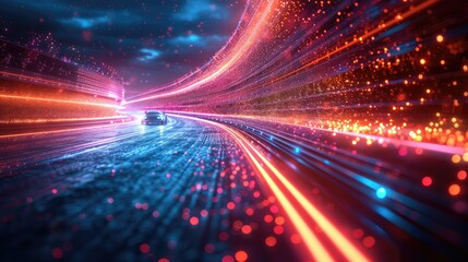 Fototapeta premium Futuristic car speeding on a vibrant, glowing highway at night.