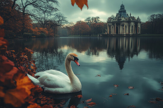 Award-winning photography cinematic HD hyper-realistic photography of a beautiful first ungle single white Swan on a lake, picturesque landscape background