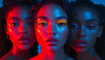 Seven models featured in cropped portraits with vibrant neon hues and high-definition clarity