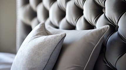 Obraz premium A bed with a grey pillow and a grey headboard