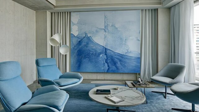 Modern living room featuring blue decor and abstract wall art in a stylish urban setting