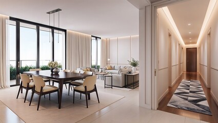 Fototapeta premium Modern interior of apartment, dining room with table and chairs, living room with sofa, hall, panorama 3d rendering
