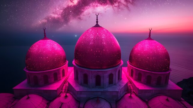 Pink mosque domes at sunset under starry night sky.