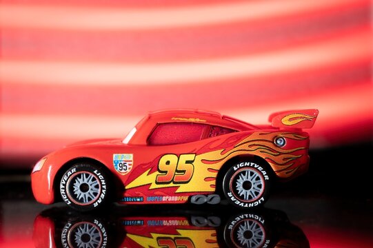 Madrid, Spain; 06-26-2023: Toy car named Lightning McQueen from the famous Pixar Cars franchise