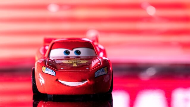 Madrid, Spain; 06-26-2023: Toy car named Lightning McQueen from the famous Pixar Cars franchise