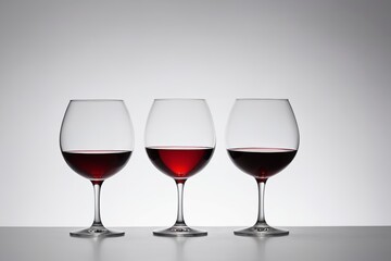 three wine glasses are lined up on a table