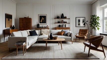 Fototapeta premium Modern Scandinavian home interior design characterized by an elegant living room featuring a comfortable sofa, mid century furniture, cozy carpet, wooden floor, white walls, and home.
