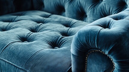 Fototapeta premium A blue velvet couch with a blue cushion