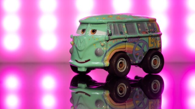 Toy car called Fillmore from the famous Pixar Cars franchise based on a Volkswagen Combi T1