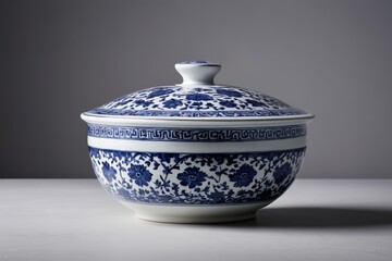 there is a blue and white bowl with a lid on a table