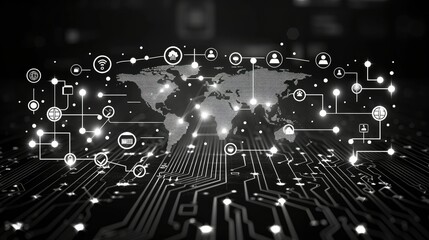 Global network connection, digital world map with icons on circuit board.