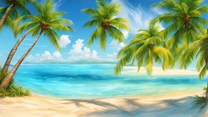 A serene tropical beach scene with palm trees and clear blue waters.