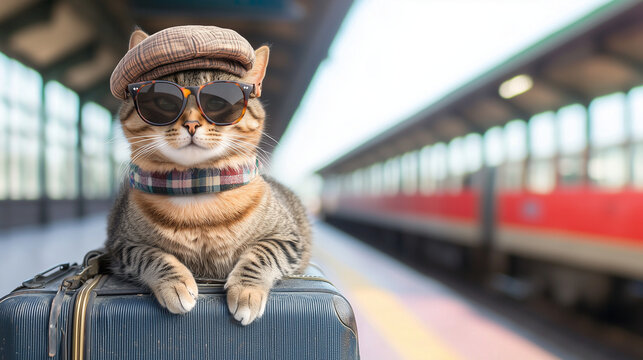 Cool Cat Traveler at the Train Station 