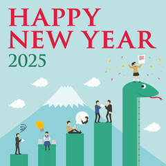 2025年の巳と学生と先生が乗ったグラフの年賀状_2_happy new year_正方形
