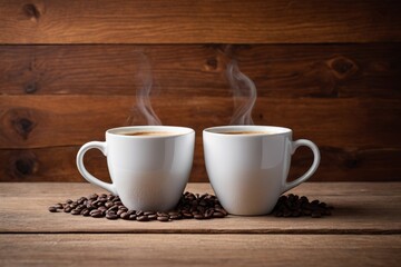 two cups of coffee are sitting on a table with coffee beans