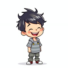 cartoon boy with black hair and a gray shirt smiling.