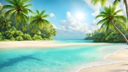A serene tropical beach scene with palm trees and clear turquoise water under a bright sky.