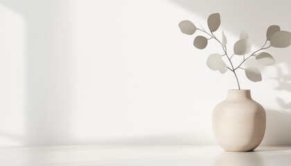 A minimalist vase with delicate leaves is positioned against a bright, neutral background, creating a serene and calming atmosphere.