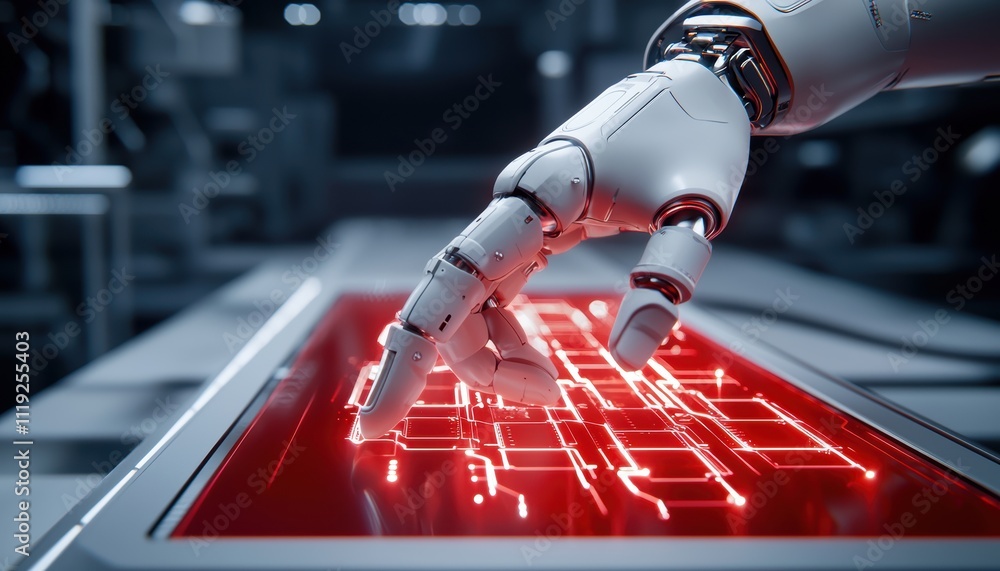 Aufkleber a robotic hand interacts with a glowing red surface, showcasing advanced technology and futuristic d