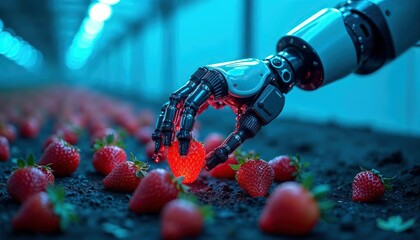 The Future of Farming: A robotic hand gently picks a ripe strawberry from a row of vibrant red fruit, showcasing the innovative technology transforming agriculture.   © Nattawat
