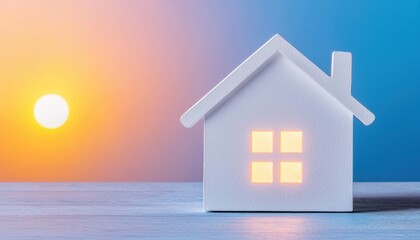 A serene, lit model house against a colorful sunset, symbolizing warmth and comfort in a tranquil environment.