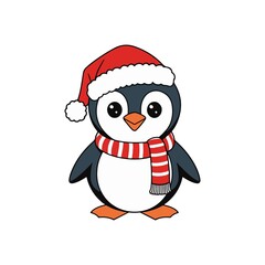 Christmas penguin with Santa hat. Red and white scarf.