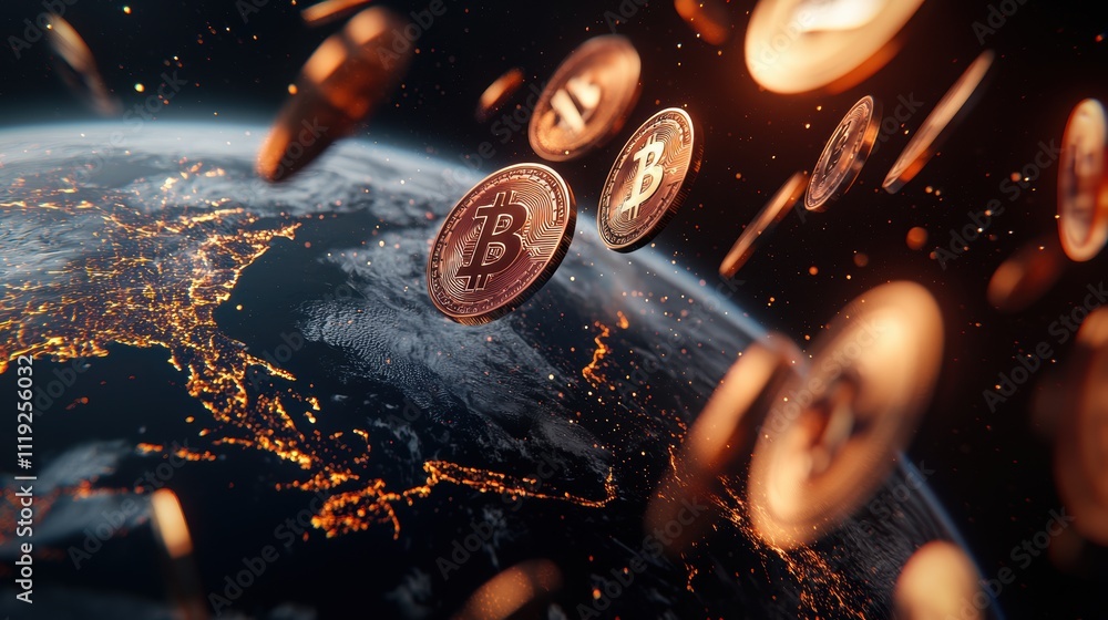 Poster a digital representation of bitcoin coins floating around the earth, symbolizing global cryptocurren