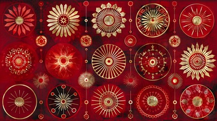Red and gold ornate circular and floral designs.