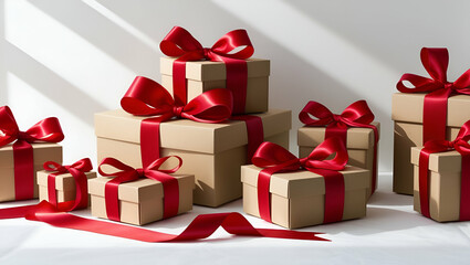 Obraz premium Box with a Christmas present on white background. Top view, Generative AI