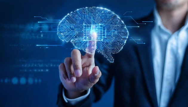Businessman touching the brain working of Artificial Intelligence (AI) Automation