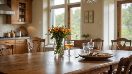 A wooden table with a vase of flowers on top of it.