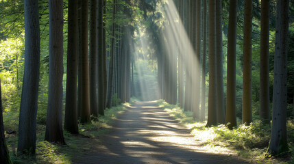 Naklejka premium Sunbeams Dancing Through the Forest