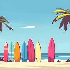 Surfing adventure at the beach colorful surfboards coastal environment sunny day tropical vibes