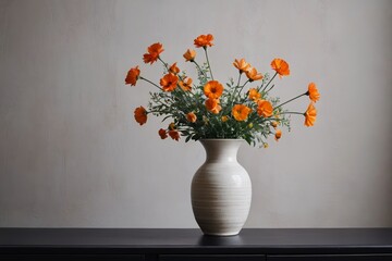 there is a vase with orange flowers in it on a table