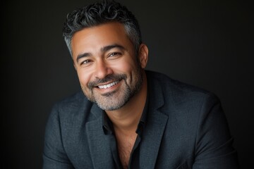 Fototapeta premium a Caucasian man, aged 30s to 50s, in minimal professional clothing, standing confidently with a relaxed, welcoming expression against a gray backdrop.