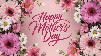Hyperrealistic Floral Arrangement with Pink and White Daisies, Greenery, and Happy Mother's Day Script on a Soft Pastel Pink Background