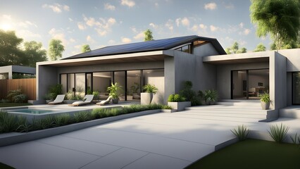 Modern house with solar panels and pool, surrounded by greenery.