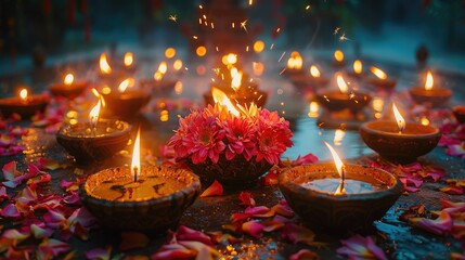 Obraz premium Illuminated clay bowls with candles and flowers.