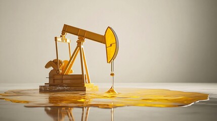 A miniature oil pump jack sits in a puddle of golden oil, representing energy extraction and potential environmental impact. Generative ai