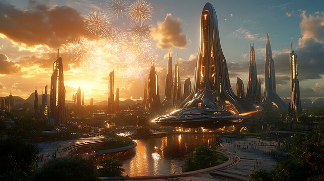 Futuristic city skyline at sunset with fireworks. (1)