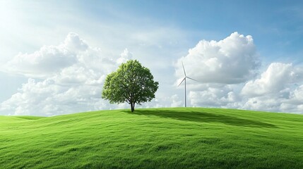 A single tree and wind turbine stand on a grassy hill under a bright, sunny sky with fluffy clouds. Generative ai
