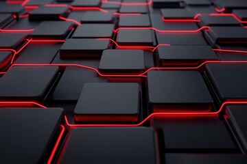 Obraz premium Conceptual grid of battery packs interconnected with glowing cables, showcasing energy flow and innovation.