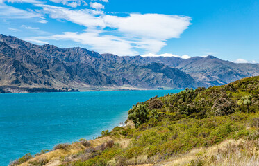 Lake Hawea and the mountain range, Otago, South Island, New Zealand, Oceania.